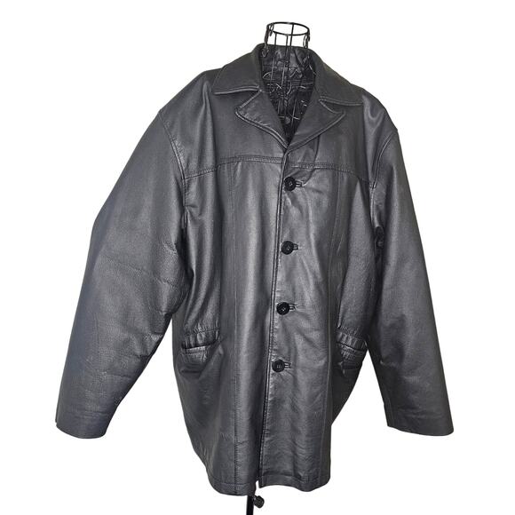 PELLE CUIR Black Smooth Leather COAT Lining size XL
